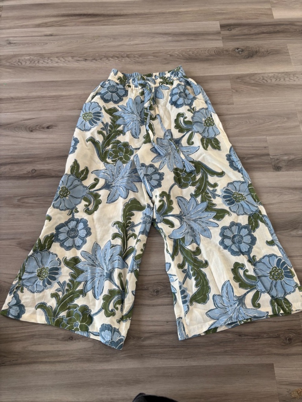 Talisman The Label XS Linen Blend Wide Leg Blue Green Floral Tropical Pants